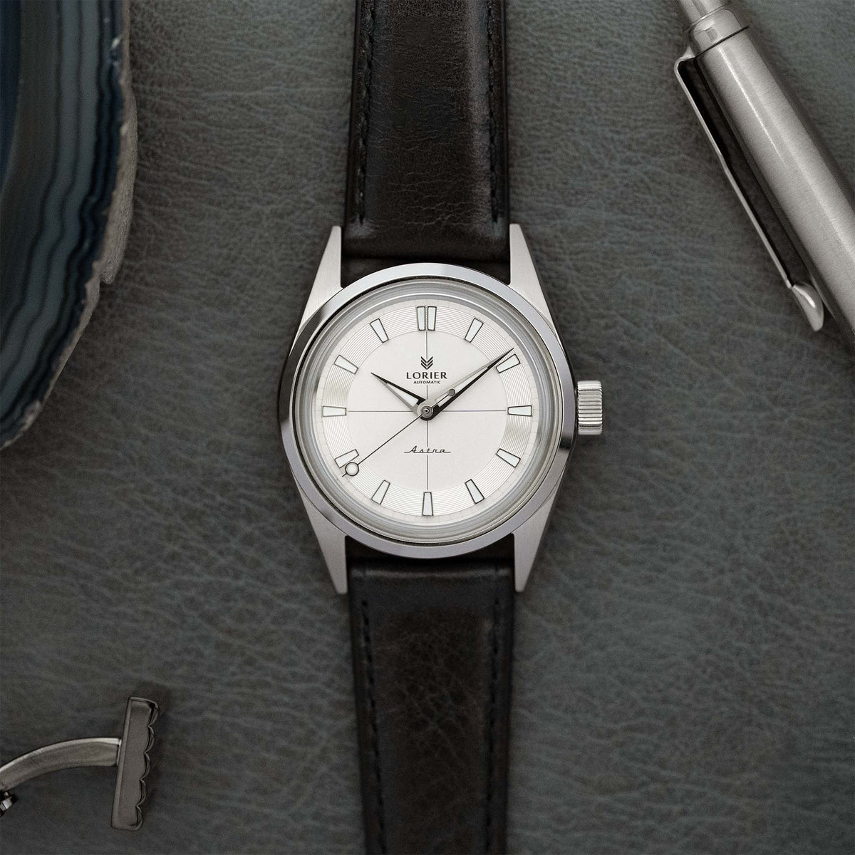 Lorier Astra watch on a black leather strap.