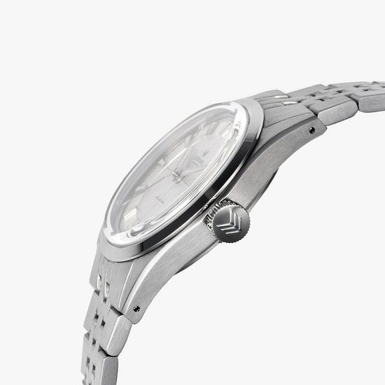 Lorier Astra automatic watch side profile on white background, brushed steel case with polished bezel, engraved Lorier crown, and five-link bracelet.