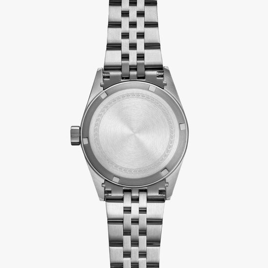 Lorier Astra automatic watch caseback on white background, brushed steel case with engraved chevron pattern ring, five-link bracelet.