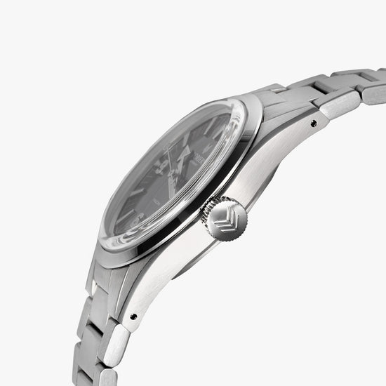 A close-up side profile of the Lorier Falcon watch. It has a stainless steel case and three-link bracelet, a black dial, and a prominent ridged crown, shown against a light gray background.