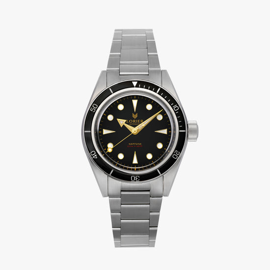 A Lorier Neptune wristwatch with a stainless steel case and three-link bracelet, featuring a black dial with gold-tone hands and hour markers, and a black rotating bezel.